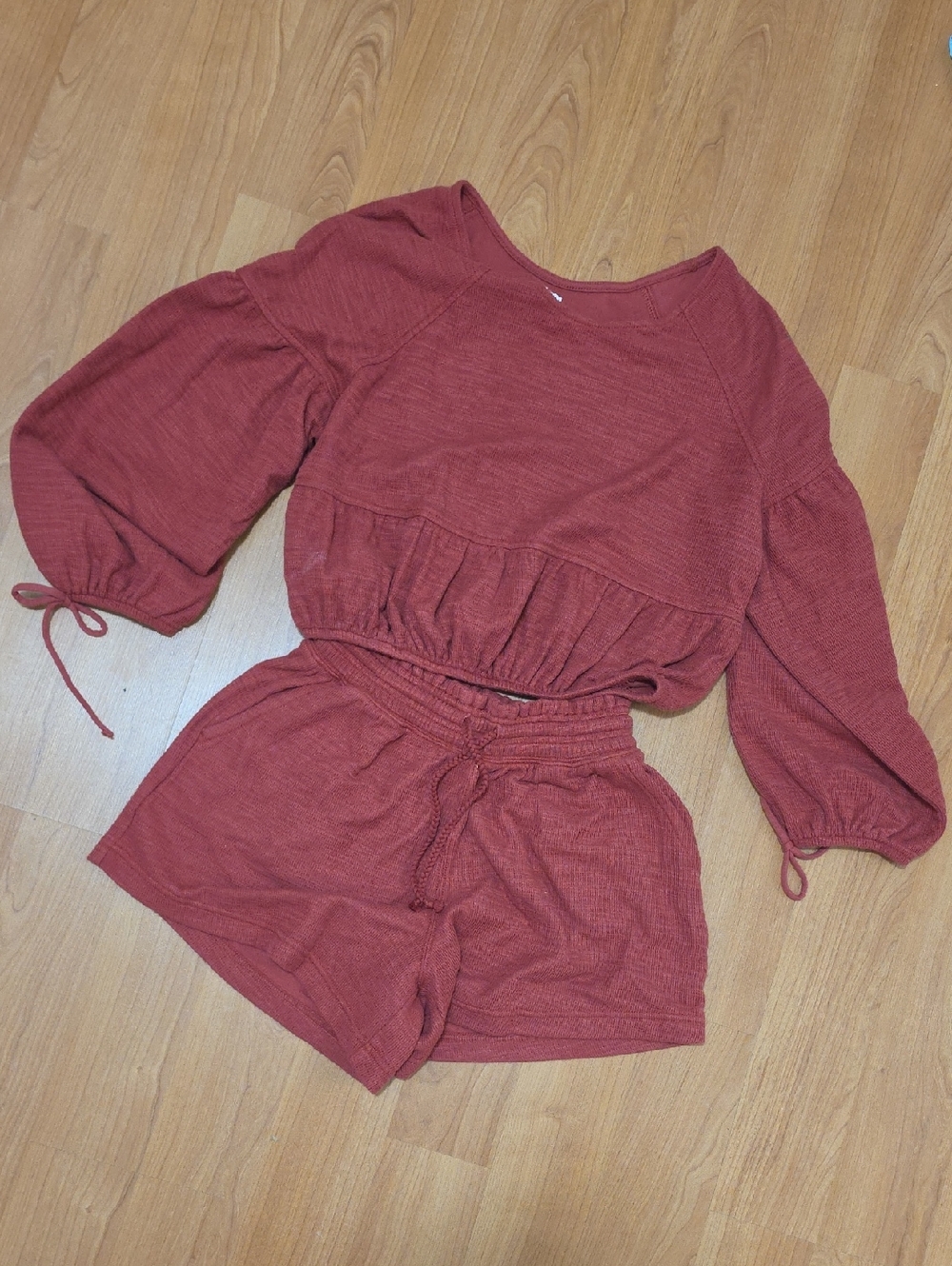 aerie Rust Red Ribbed Two-Piece Lounge Shorts Set